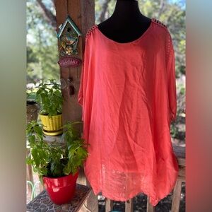 Femme Fatale Silk Mix Peach Oversized Layered Pullover Tunic Gold Metallic Trim